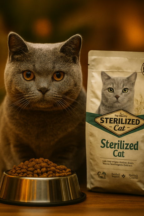 חתול אפור יושב ליד שק מזון ייעודי לחתולים מעוקרים, עם קערת אוכל מלאה ברקע