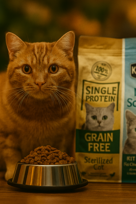 חתול ג'ינג'י יושב ליד קערת אוכל עם מזון יבש ללא דגנים, ברקע שקי מזון עם תוויות Grain Free ו-Single Protein