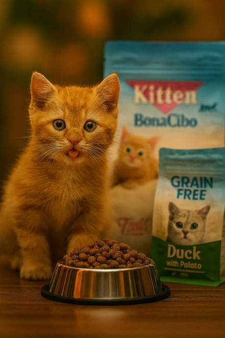 גור חתולים ג'ינג'י יושב ליד קערת אוכל עם מזון יבש לגורים, ברקע שק מזון עם תווית Kitten Bonacibo