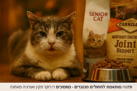 חתול מבוגר בצבע אפור־לבן שוכב ליד קערת אוכל עם מזון יבש, ברקע שקי מזון עם תוויות Senior Cat ו-Joint Support