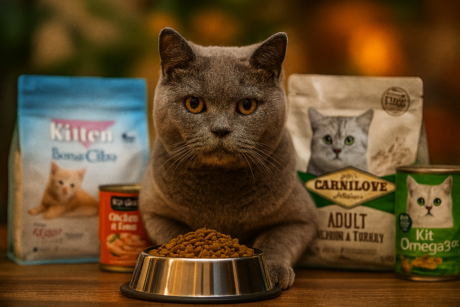 חתול אפור יושב ליד קערת אוכל מלאה, עם שקי מזון ברקע – תזונת חתולים לפי שלב חיים